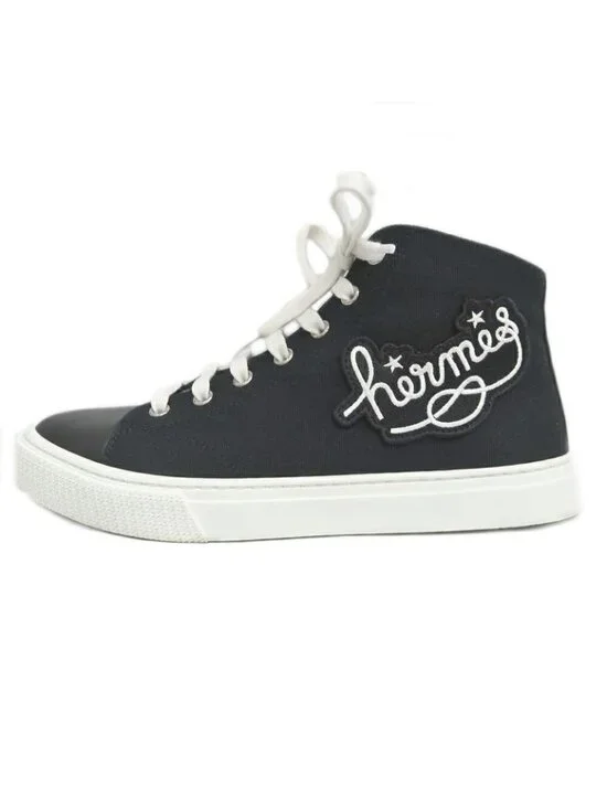 Hermes Iriko High Cut Sneakers 38 Black Canvas Leather